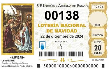 Comprar número 00138 para Lotería de Navidad 2024