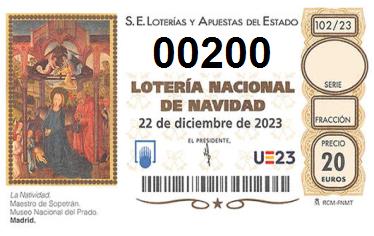 Comprar número 00200 para Lotería de Navidad 2024