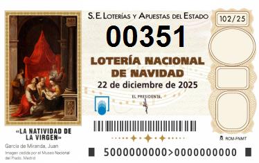 Comprar número 00351 para Lotería de Navidad 2024