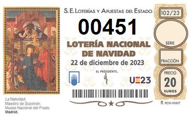 Comprar número 00451 para Lotería de Navidad 2022