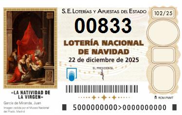 Comprar número 00833 para Lotería de Navidad 2025