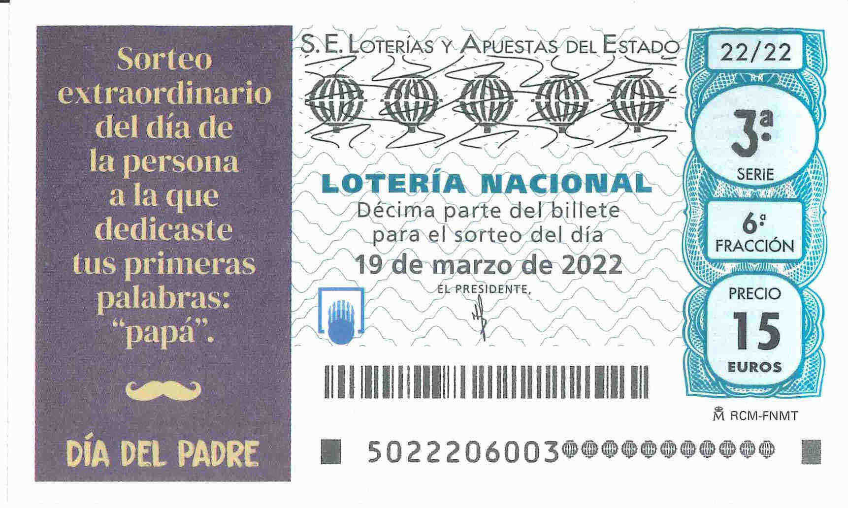 Sorteo extraordinario día del padre 2022 lotería nacional